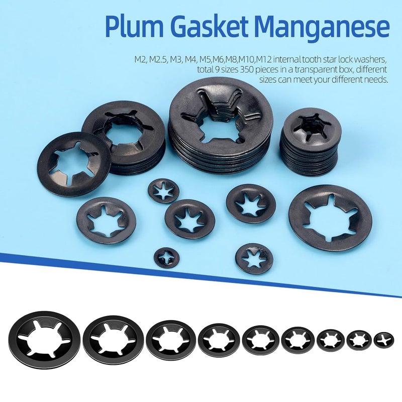 Glarks 351pcs 65Mn-Steel Internal Tooth Star Lock Washers Assortment Kit M2-M12 Quick Speed Locking Washers - Image 4
